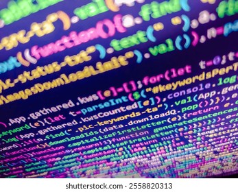 Binary code superimposed on a circuit board. Display witch web technology coding. Screen with software developer code. Binary code. Application source code background. Blue monitor and window.