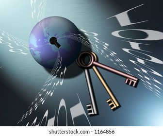 Binary code swirls from a keyhole in a globe of the earth, keys lay nearby