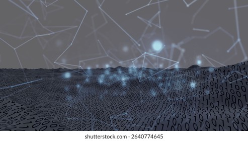 Binary code terrain undulating in virtual data realm, with glowing network nodes and light flares. Futuristic, digital, abstract, technology, cyberspace, network, connectivity