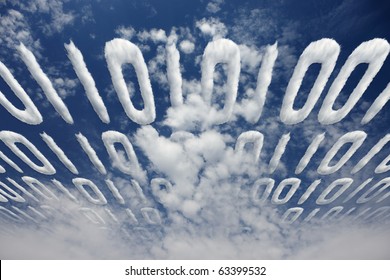 Binary code transfer in a cloudy sky - concept of electronic communication and information