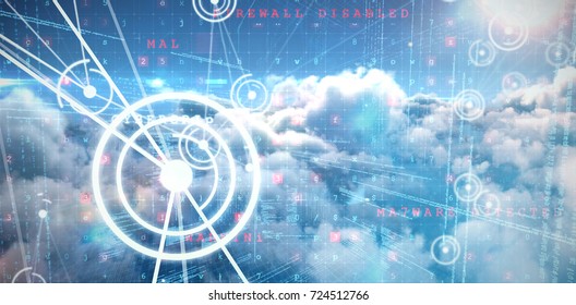 Binary codes and lines against image of malware detected server over cloudy sky
