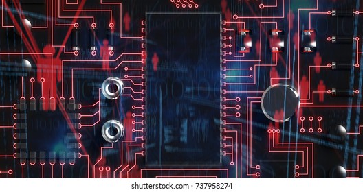 Binary codes and people icons against close up of circuit board
