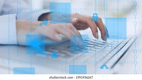 Binary coding data processing against mid section of person typing on keyboard. computer interface and technology concept - Powered by Shutterstock