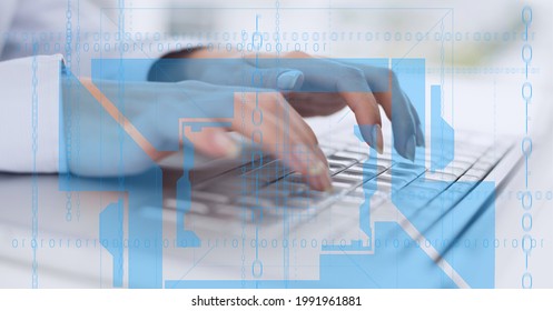 Binary coding data processing against mid section of person typing on keyboard. computer interface and technology concept - Powered by Shutterstock