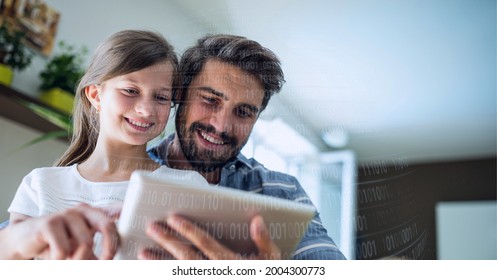 Binary Coding Data Processing Against Caucasian Father And Daughter Using Digital Tablet At Home. Cyber Security And Technology Concept