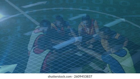 Binary coding data processing and arrows against team of male soccer players forming hand stack. sports and technology concept