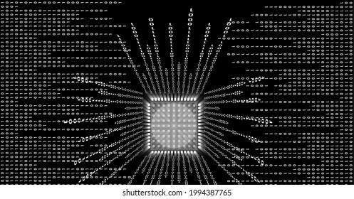 Binary coding data processing over microprocessor chip against black background. cyber security and technology concept