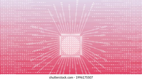 Binary coding data processing over microprocessor chip against pink gradient background. cyber security and computer interface technology concept