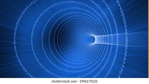 Binary coding data processing over a digital tunnel against light trails on blue background. computer interface and computing technology concept