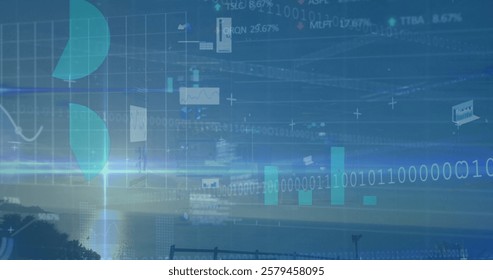 Binary coding and financial data processing image over cityscape background. Technology, finance, digital, futuristic, urban, virtual