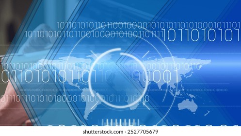 Binary coding over mid section of worker worker in server room against blue technology background. cyber security and data storage technology concept