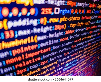 Binary computer code background, abstract. Program code PHP HTML CSS of site. PHP development, software site code. Coworkers team in modern office. Developer working on software codes in office