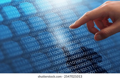 Binary data processing for big data analysis in database. Abstract image of digital data technology. Hand touching many file icons and numbers.