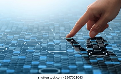 Binary data processing and big data analysis. Digital data analyzing technology. Analyst touching numbers.