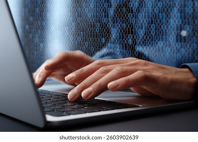 Binary data processing and data encoding. Digital data processing technology. Engineer using laptop computer to analyze binary data.