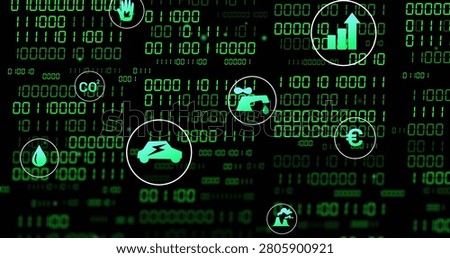 Binary grid initiating green icons drifting, pulsing, clustering, visualizing green finance data. Dashboard, glyphs, floating, parallax, luminescent, digital, sustainability