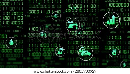 Binary grid initiating green icons drifting, pulsing, clustering, visualizing green finance data. Dashboard, glyphs, floating, parallax, luminescent, digital, sustainability