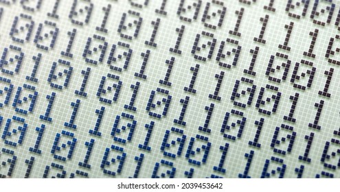 Binary number system, bits, binary numbers on an LCD display abstract wide background, banner, backdrop. Calculator screen macro, closeup, nobody. Math and computer science, electrical engineering
