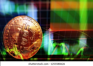 Binary options chart, trading statistics. Bitcoin and cryptocurrency investing. Concept with bitcoins and candle graph on background.