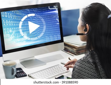 Binary Play Button Load Blue Concept