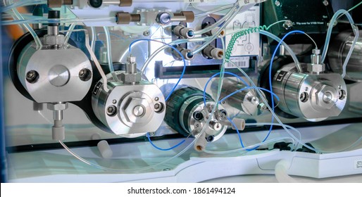 Binary Pump In HPLC System. High Performance Liquid Chromatography At Analytical Chemistry Laboratory. 