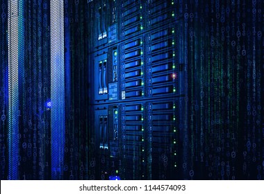 Binary Stream, Flow Of Information. Concept Of Blade Server, Storage, Big Data. Modern Mainframe Disk Storage With Binary Code Over In Data Center