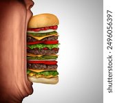 Binge Eating Disorder and emotional eater as a compulsive overeating person or a symbol for extreme hunger and huge food portion as a giant hamburger as a health risk.