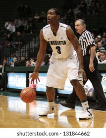 BINGHAMTON, NY-  FEBRUARY 28: Binhamton's No. 3 Jordan Reed Dribbles Against Vermont At The Events Center February 28, 2013 In Binghamton, NY