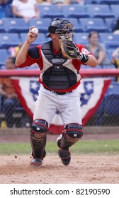 BINGHAMTON, NY - JULY 7: Portland Sea Dogs Catcher Tim Federowicz Throws To Second Base In A Game Against The Binghamton Mets At NYSEG Stadium On July 7, 2011 In Binghamton, NY