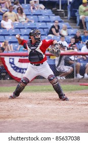 BINGHAMTON, NY - JULY 7: Portland Sea Dogs Catcher Tim Federowicz Throws To Second Base In A Game Against The Binghamton Mets At NYSEG Stadium On July 7, 2011 In Binghamton, NY