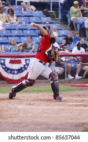 BINGHAMTON, NY - JULY 7: Portland Sea Dogs Catcher Tim Federowicz Throws To Second Base In A Game Against The Binghamton Mets At NYSEG Stadium On July 7, 2011 In Binghamton, NY