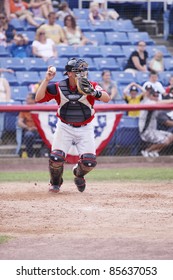 BINGHAMTON, NY - JULY 7: Portland Sea Dogs Catcher Tim Federowicz Throws To Second Base In A Game Against The Binghamton Mets At NYSEG Stadium On July 7, 2011 In Binghamton, NY