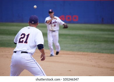 BINGHAMTON, NY - JUNE 14: Binghamton Mets  Reese Havens Throws To First Base Against The Reading Phillies At NYSEG Stadium On June 14, 2012 In Binghamton, NY