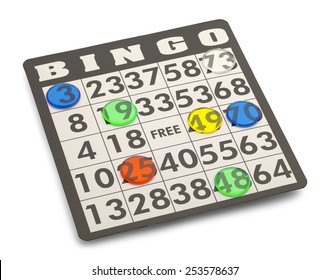 Bingo Card With Game Pieces Isolated On White Background.