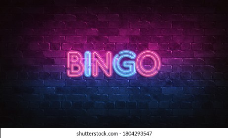 bingo neon sign. purple and blue glow. neon text. Brick wall lit by neon lamps. Night lighting on the wall. 3d render