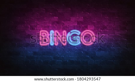 bingo neon sign. purple and blue glow. neon text. Brick wall lit by neon lamps. Night lighting on the wall. 3d render