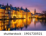 Binnenhof castle (Dutch Parliament) cityscape downtown skyline of  Hague in Netherlands at sunset