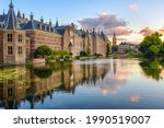 The Binnenhof castle on Hofvijver lake in the Hague city, South Holland, Netherlands is one of the oldest Parliament buildings in the world