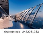 Binoculars for city viewing skyview, Observation deck in marina island in Dubai and modern skyscraper with sunlight. Famous tourist landmark of UAE