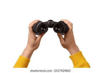 binoculars in hand isolated on white background, find and search concept.