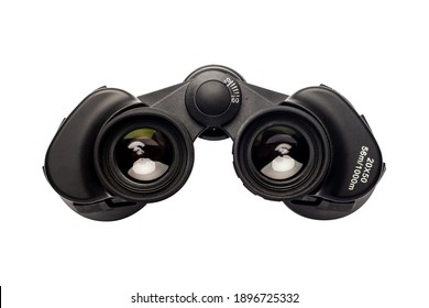 Binoculars on an isolated white background. Banner. Flat lay, top view.