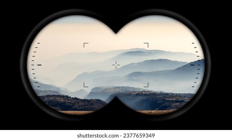 Binoculars point of view with hills and Padana Plain or Po valley with fog. Lessinia plateau (Altopiano della Lessinia), Erbezzo, Verona, Veneto, Italy, Europe.