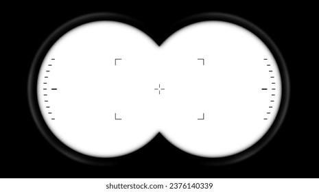 Binoculars point of view with viewfinder (looking through binoculars) isolated on white background, template for your landscapes.