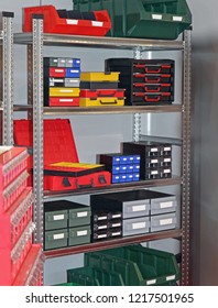 Bins Trays And Boxes For Parts And Tools Storage In Shelf