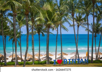 Bintan Island, Indonesia - 19 January, 2020 - Tropical beach with palm trees at Bintan Island, summer holiday background