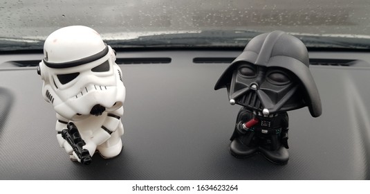 Bintulu, Sarawak - February 4, 2020: Empire Strike Back As Bobblehead. The Dark Side In The Car While Driving Rough Road.