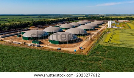Bio gas factory. Sustainable production of biofuel. Modern plant. Aerial view on the modern biofuel factory. View from above