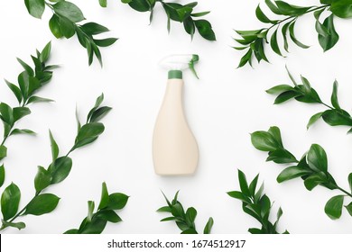 Bio Organic. Eco Cleaning Spray. Bottle With Spray Nozzle And Green Leaves On White Background, Spring Cleaning