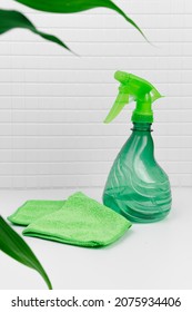 Bio Organic. Eco Cleaning Spray. Bottle With Spray Nozzle In The Bath Room On White Background, Spring Cleaning