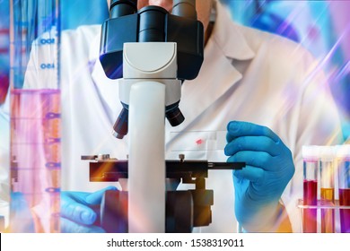 Biochemical Engineer analyzing a sample on the microscope slide / Microscopist working with biological samples in the microscope of the microbiology laboratory